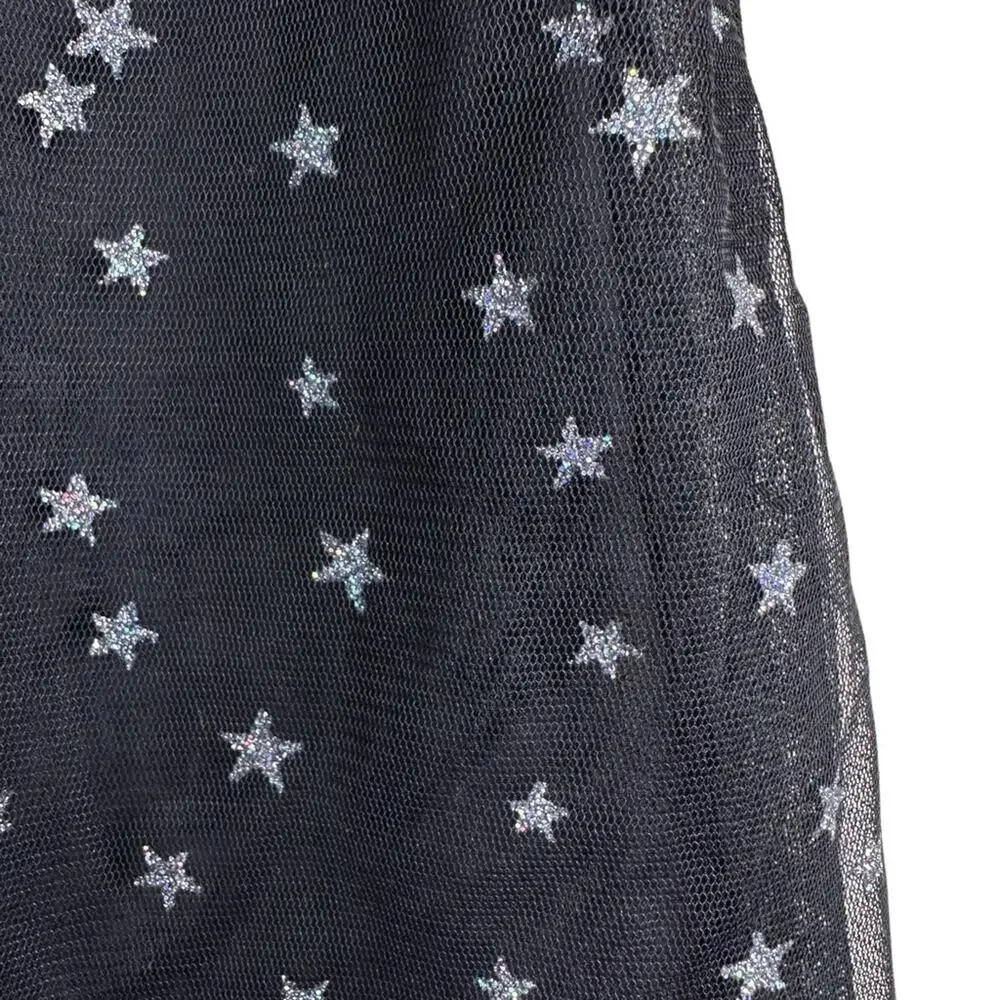 H&M Tulle Midi Dress Silver Star Print Ruffle Shoulders A-Line Lined Black 3-4Y